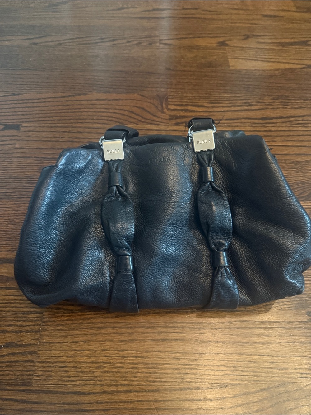 Furla Black Pebbled Leather Satchel Shoulder Bag Silver Hardware